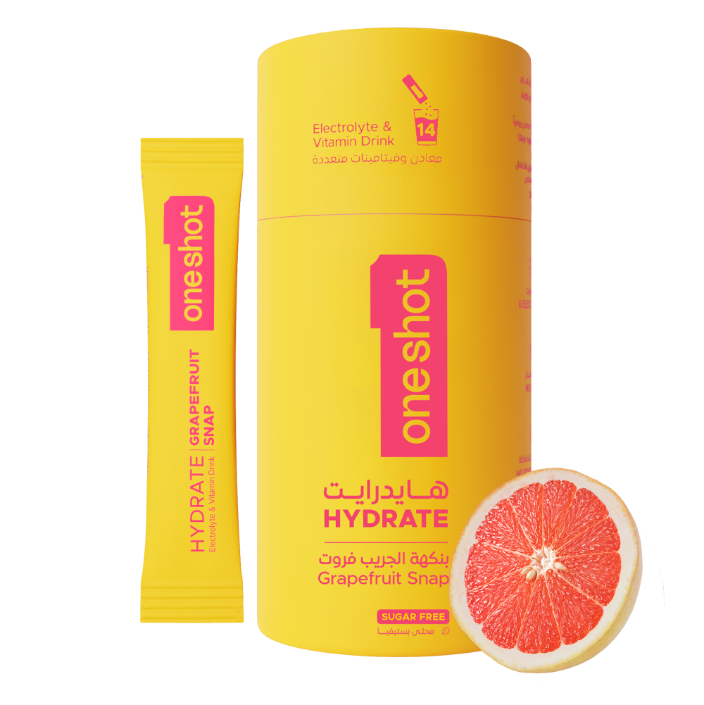 OneShot Hydrate Grapefruit Snap electrolyte powder box front view showing packaging design and flavor branding