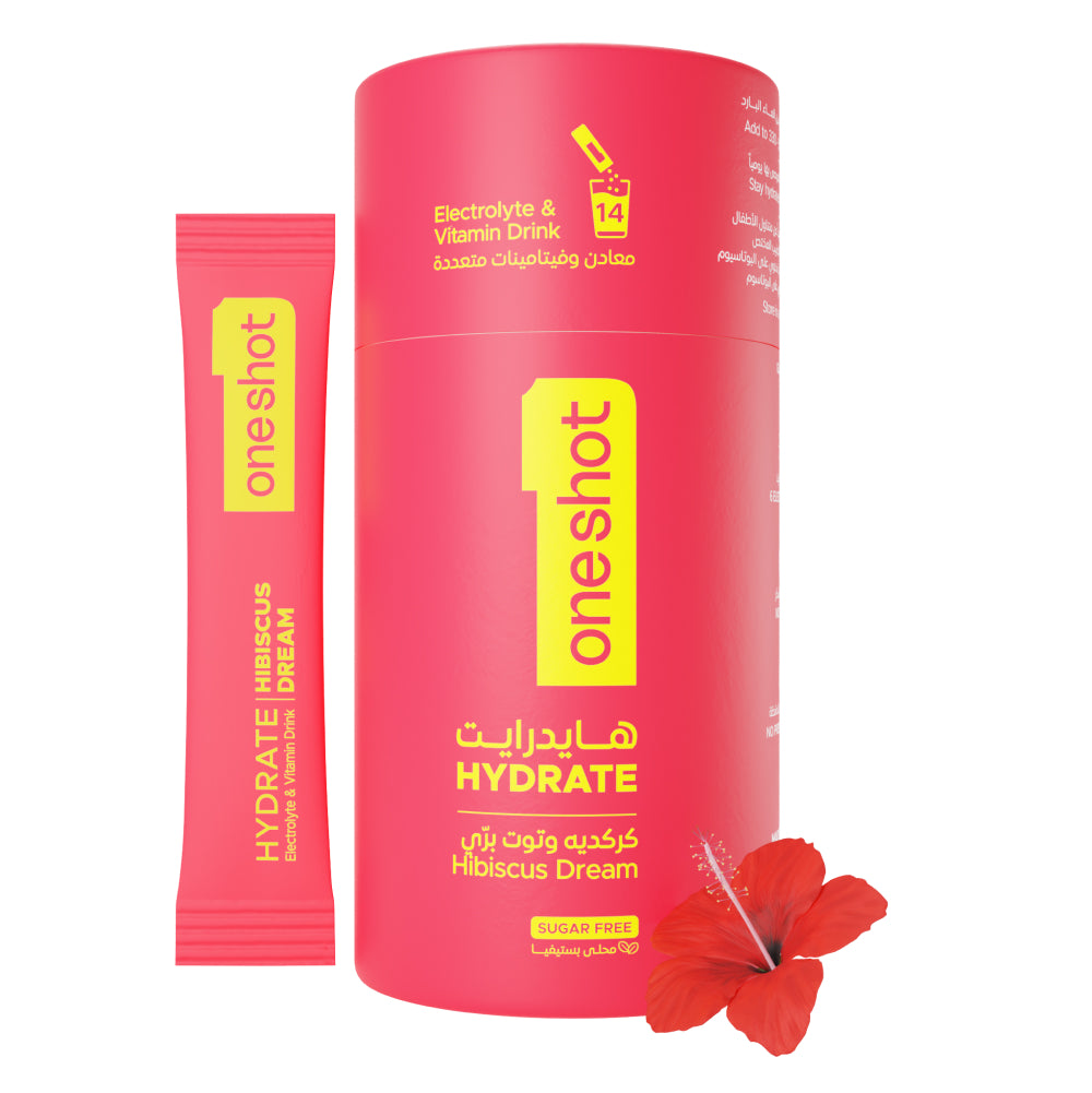 OneShot Hydrate Hibiscus Dream electrolyte powder box front view showing packaging design and flavor branding