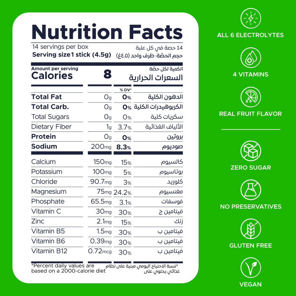 OneShot Hydrate Lime Burst detailed nutrition facts panel showing calories, electrolytes and vitamin content