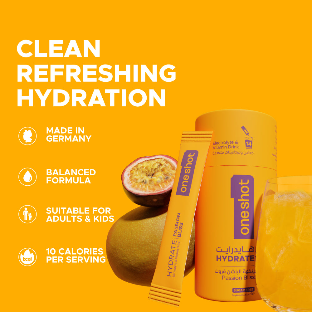 OneShot Hydrate Passion Bliss box back view showing nutrition facts, ingredients and usage instructions