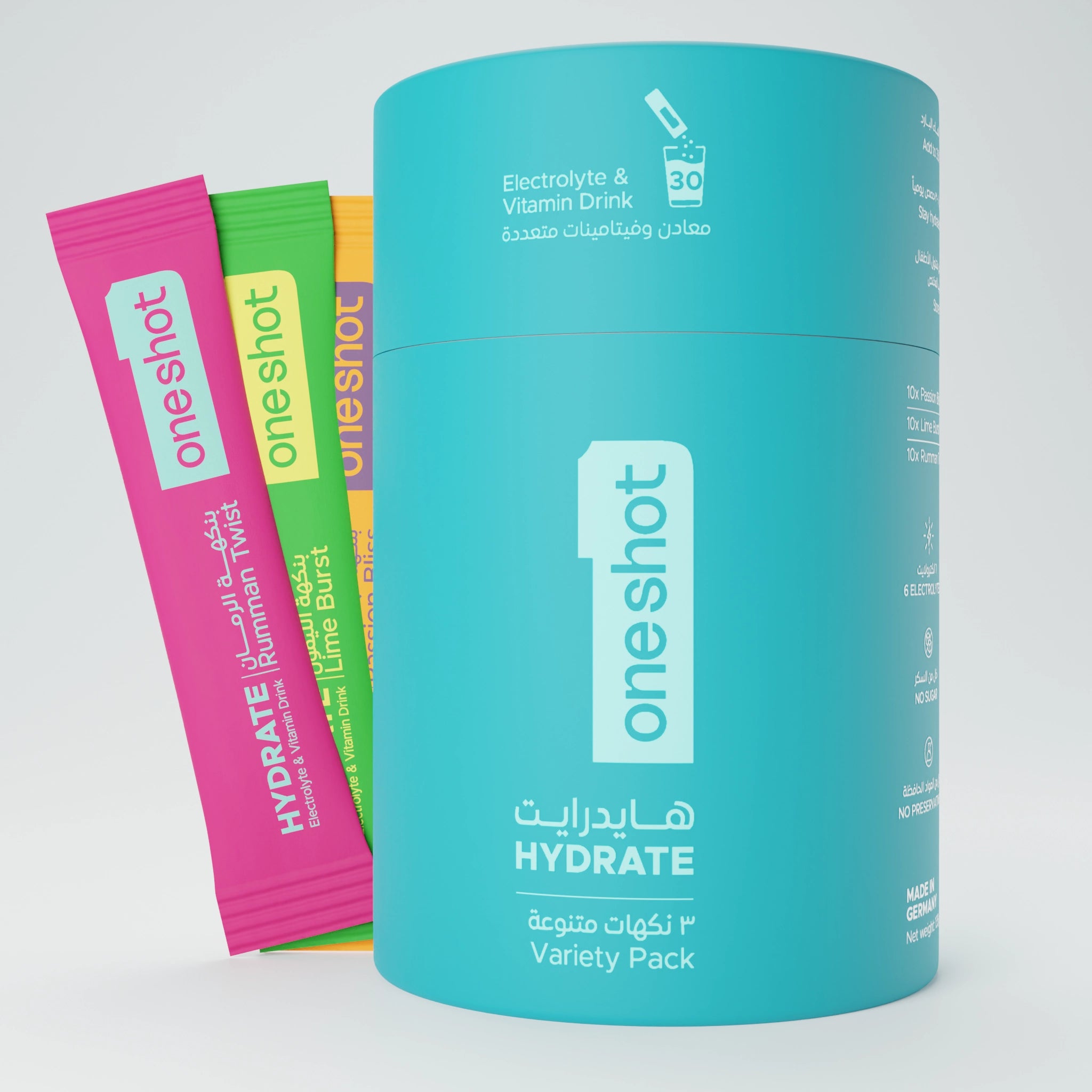 oneshot Hydrate premium electrolyte powder sticks – hydration drink mix with all 6 essential electrolytes, 4 vitamins, zinc. Zero sugar, no junk, no artificial additives. Healthy lifestyle drink with natural color, flavoring, and great taste!
