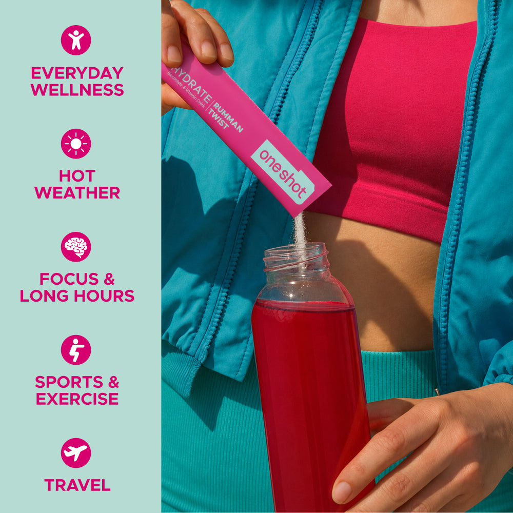 OneShot Hydrate Rumman Twist individual stick packets spread out showing single serving sachets