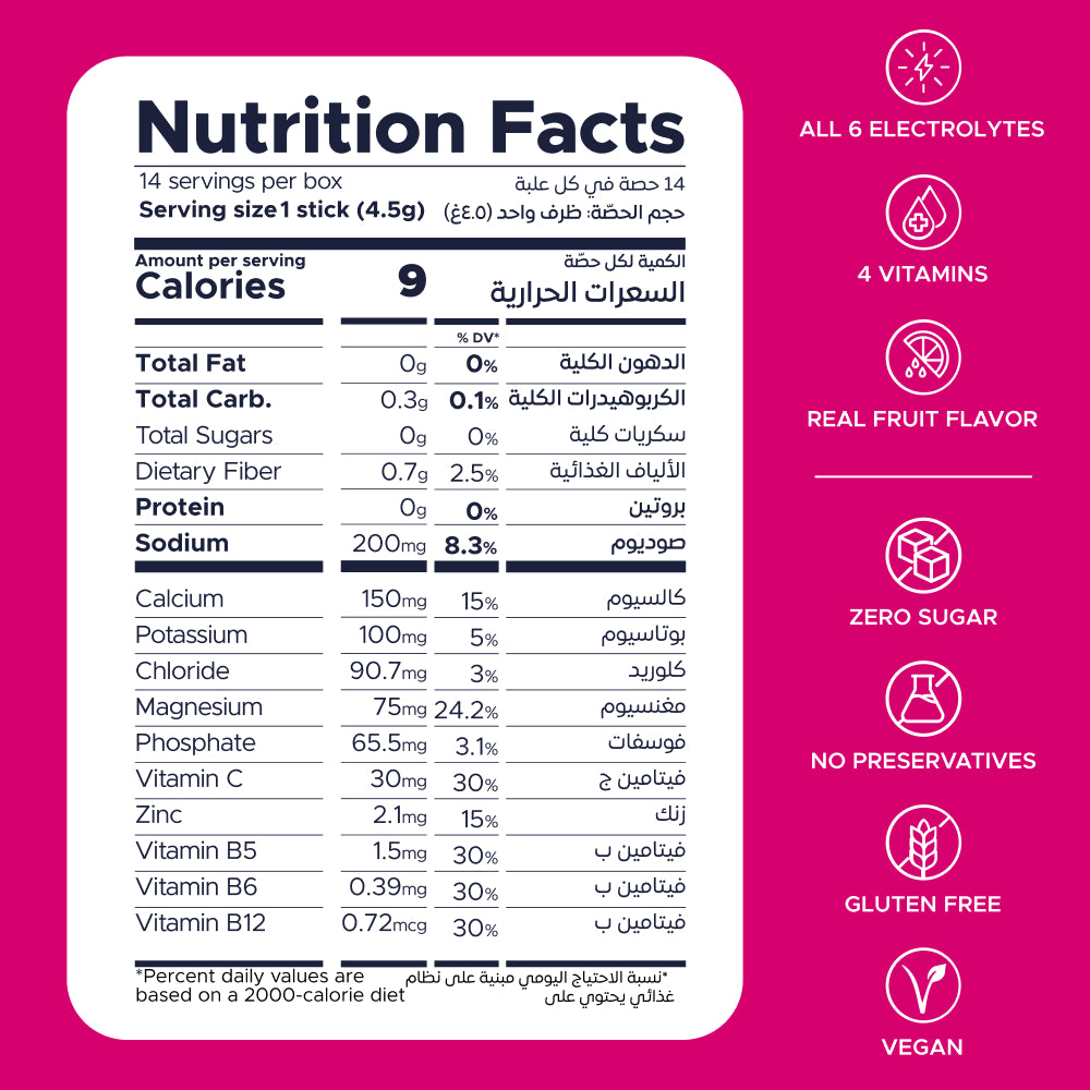 OneShot Hydrate Rumman Twist detailed nutrition facts panel showing calories, electrolytes and vitamin content