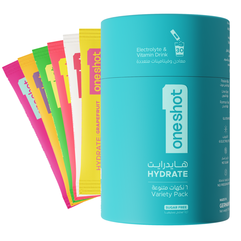 OneShot Hydrate Variety Pack electrolyte powder box front view showing packaging design and flavor branding