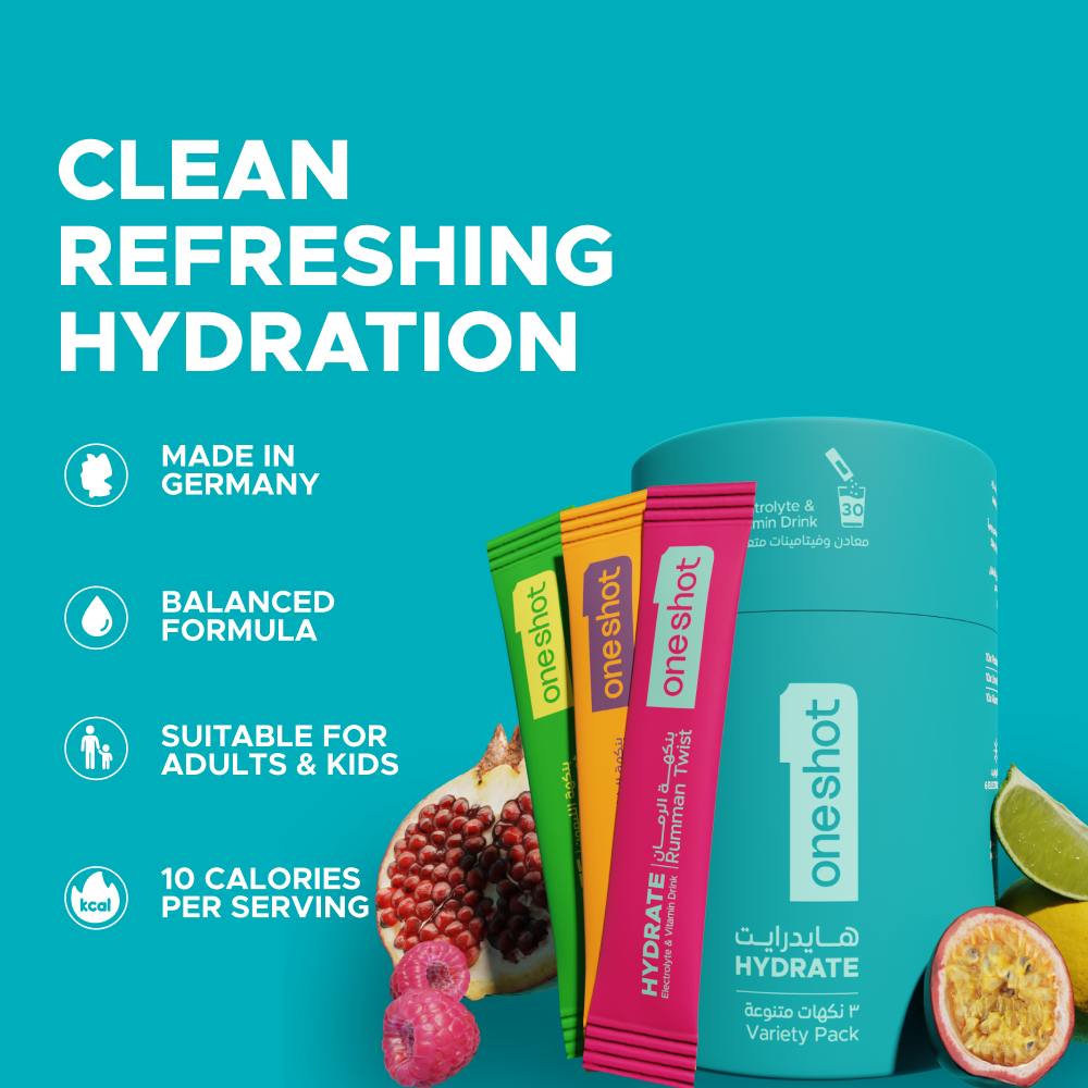 OneShot Hydrate Variety Pack box back view showing nutrition facts, ingredients and usage instructions