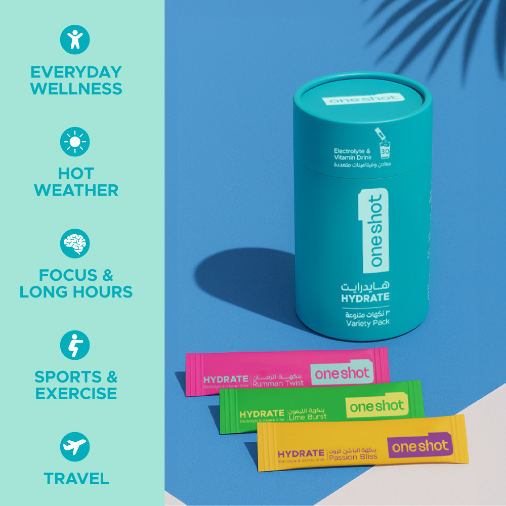 OneShot Hydrate Variety Pack individual stick packets spread out showing single serving sachets