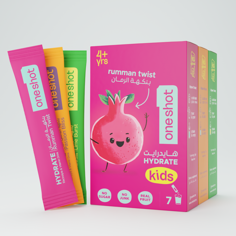 oneshot Hydrate premium electrolyte powder sticks – hydration drink mix with all 6 essential electrolytes, 4 vitamins, zinc. Zero sugar, no junk, no artificial additives. Healthy lifestyle drink with natural color, flavoring, and great taste! Safe for your kids 4 years+