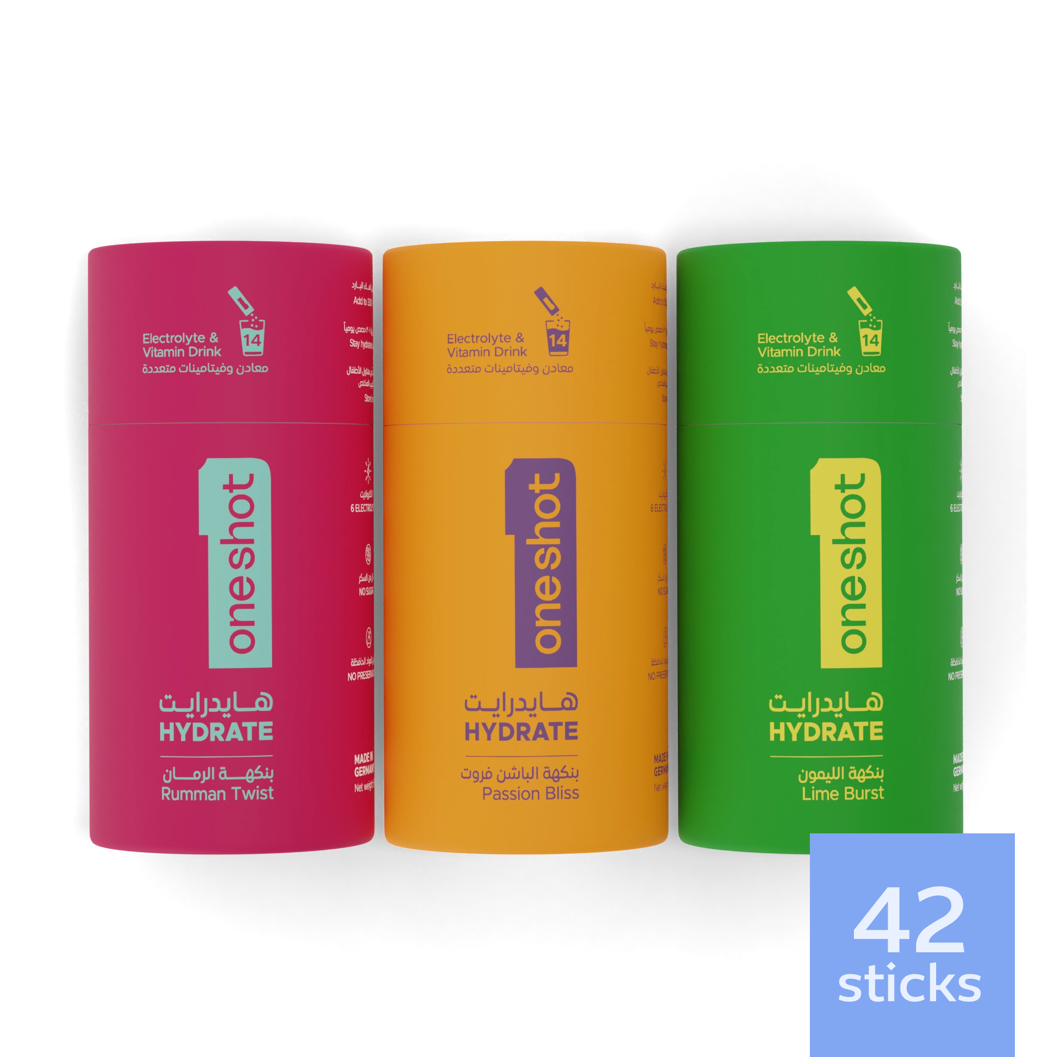 oneshot Hydrate premium electrolyte powder sticks – hydration drink mix with all 6 essential electrolytes, 4 vitamins, zinc. Zero sugar, no junk, no artificial additives. Healthy lifestyle drink with natural color, flavoring, and great taste!