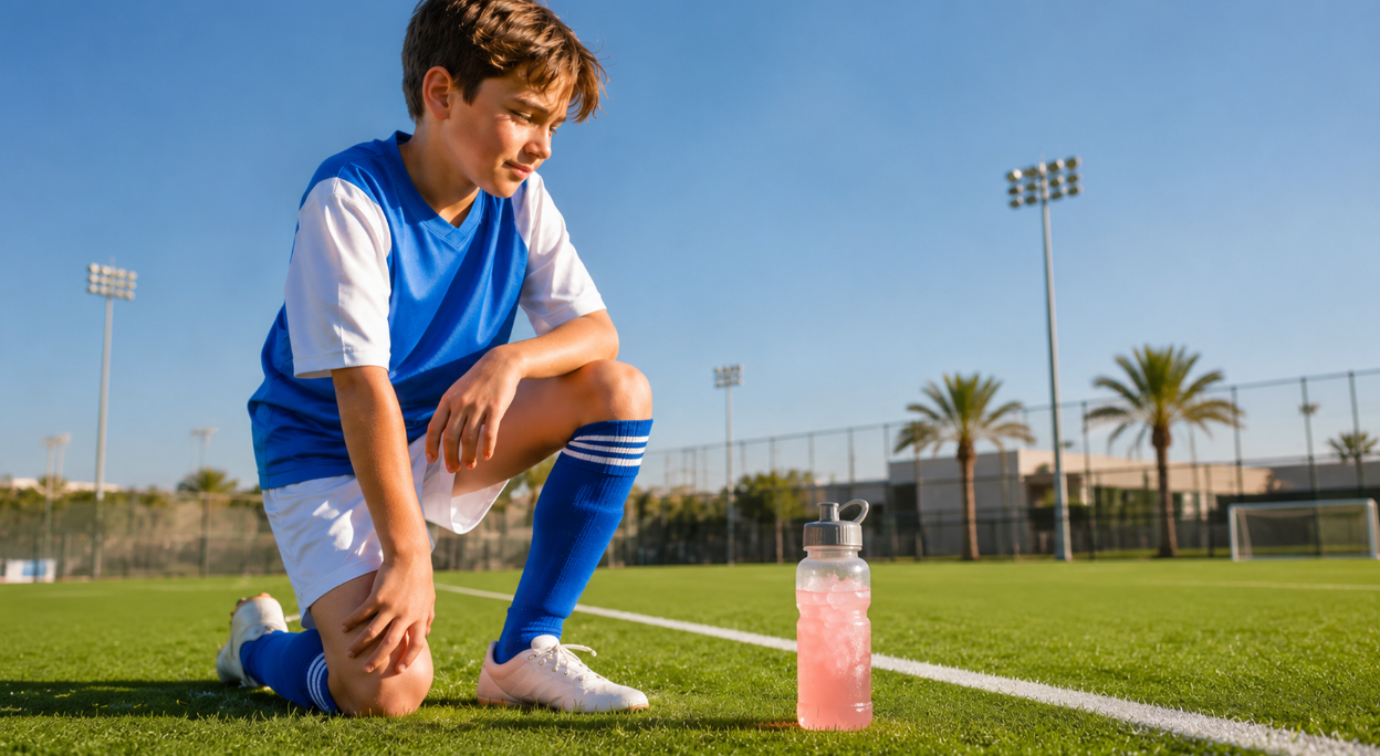Young male soccer player in a blue uniform kneeling on a sunny field looking at a water bottle with pink hydration drink