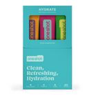 Three OneShot Hydrate electrolyte powder stick packets laid out showing Lime Burst, Rumman Twist and Passion Bliss flavors