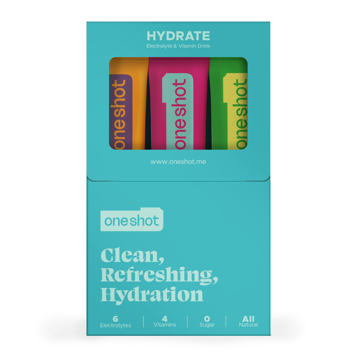 Three OneShot Hydrate electrolyte powder stick packets laid out showing Lime Burst, Rumman Twist and Passion Bliss flavors