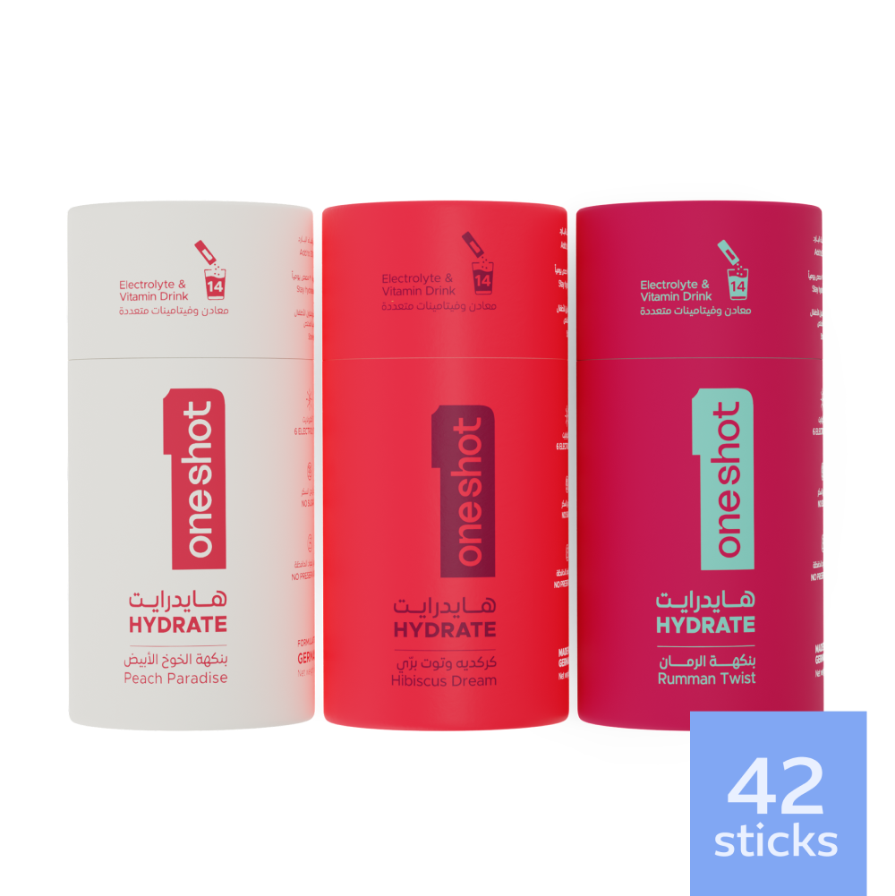 Three boxes of OneShot Hydrate showing Peach Paradise, Hibiscus Dream and Rumman Twist bundle