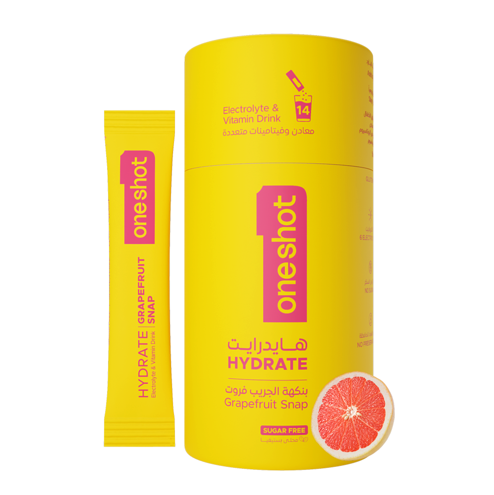OneShot Hydrate Grapefruit Snap electrolyte powder box front view showing packaging design and flavor branding