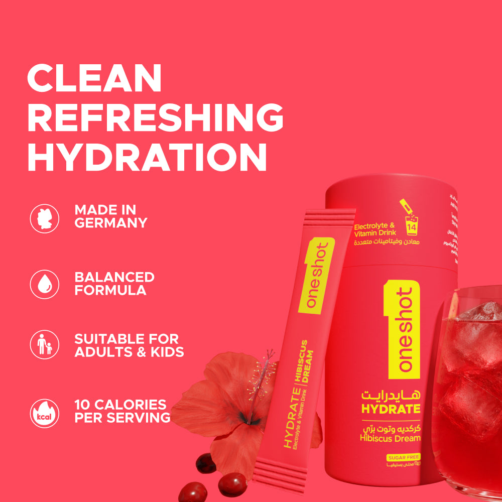OneShot Hydrate Hibiscus Dream box back view showing nutrition facts, ingredients and usage instructions