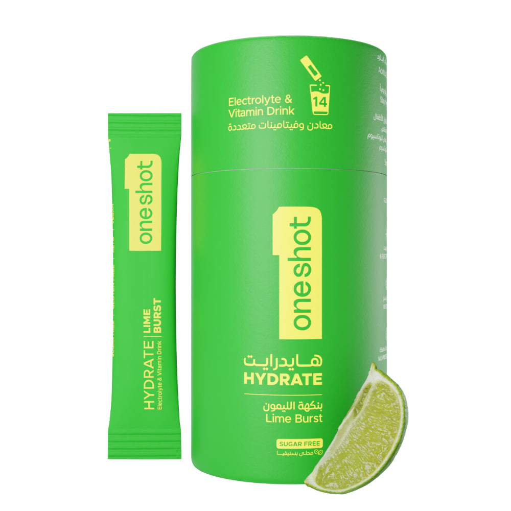 OneShot Hydrate Lime Burst electrolyte powder box front view showing packaging design and flavor branding