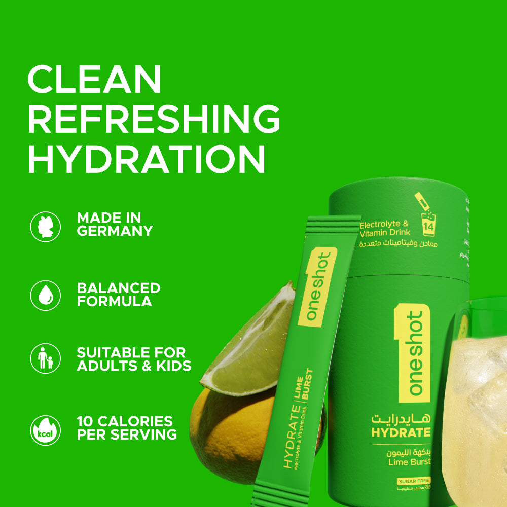 OneShot Hydrate Lime Burst box back view showing nutrition facts, ingredients and usage instructions