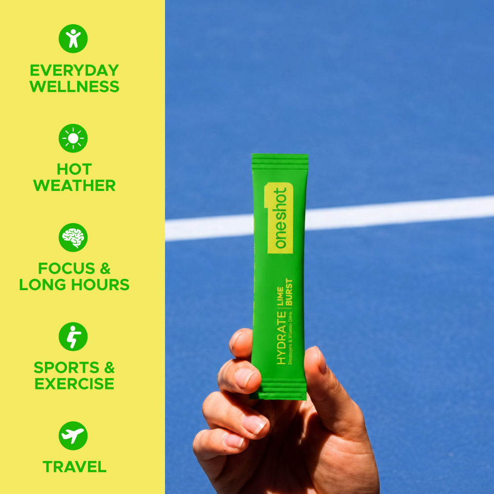 OneShot Hydrate Lime Burst individual stick packets spread out showing single serving sachets