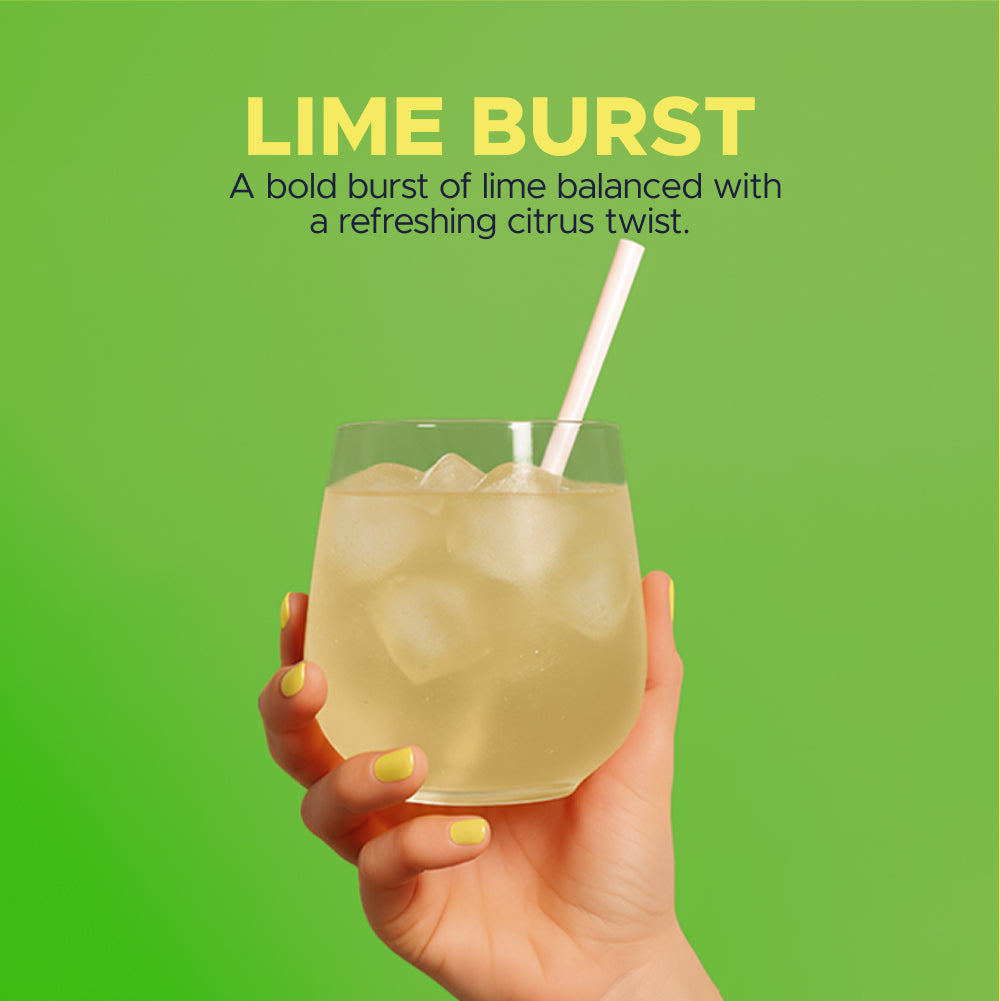 OneShot Hydrate Lime Burst lifestyle photo showing electrolyte drink being prepared in a glass of water