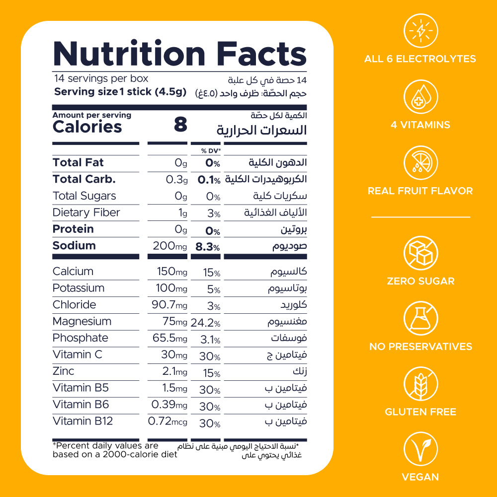 OneShot Hydrate Passion Bliss detailed nutrition facts panel showing calories, electrolytes and vitamin content