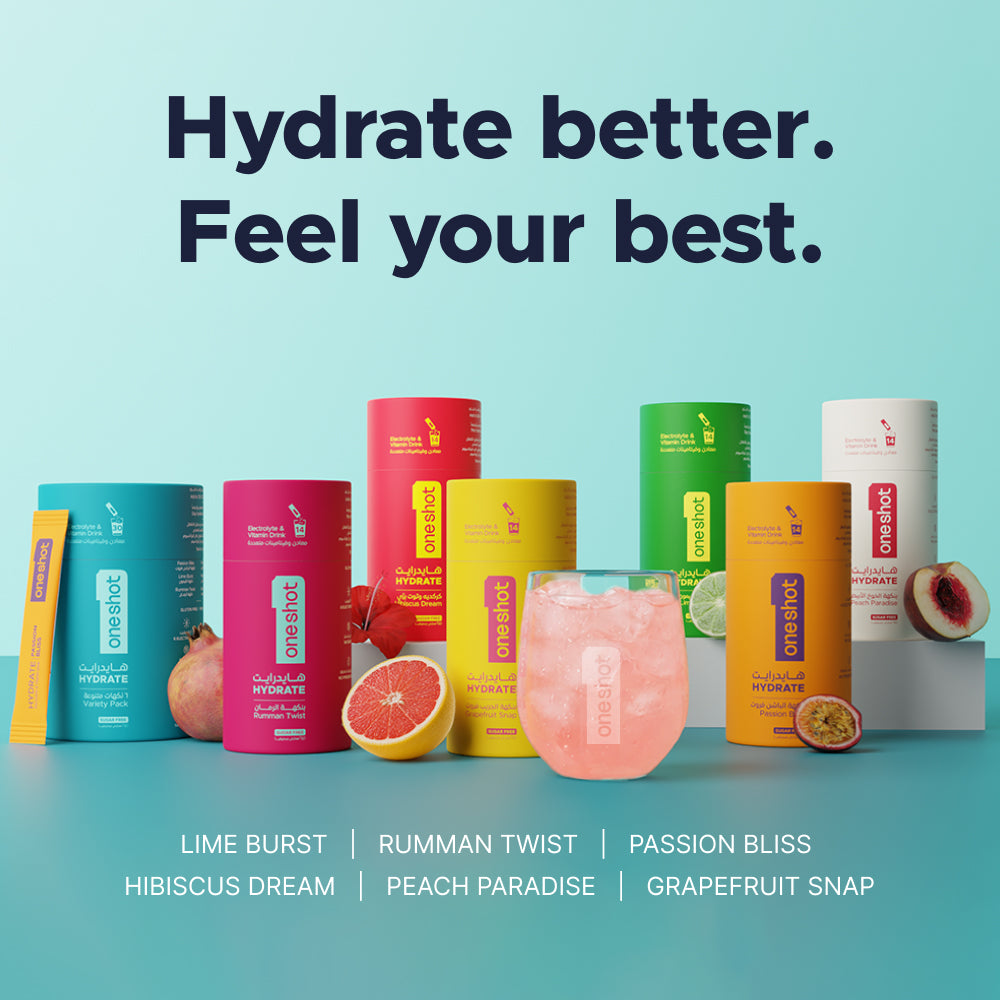 OneShot Hydrate full flavor lineup showing all available electrolyte powder flavors side by side