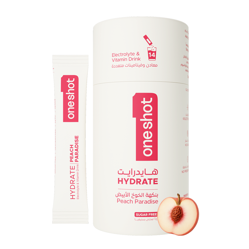 OneShot Hydrate Peach Paradise electrolyte powder box front view showing packaging design and flavor branding