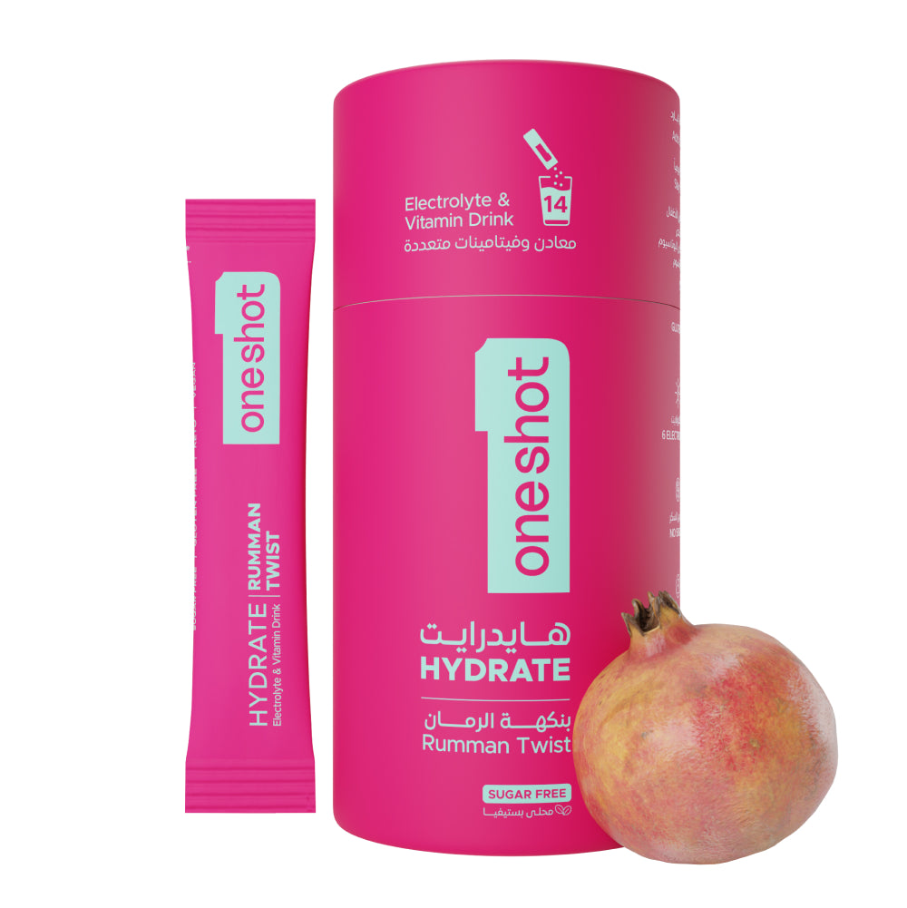 OneShot Hydrate Rumman Twist electrolyte powder box front view showing packaging design and flavor branding