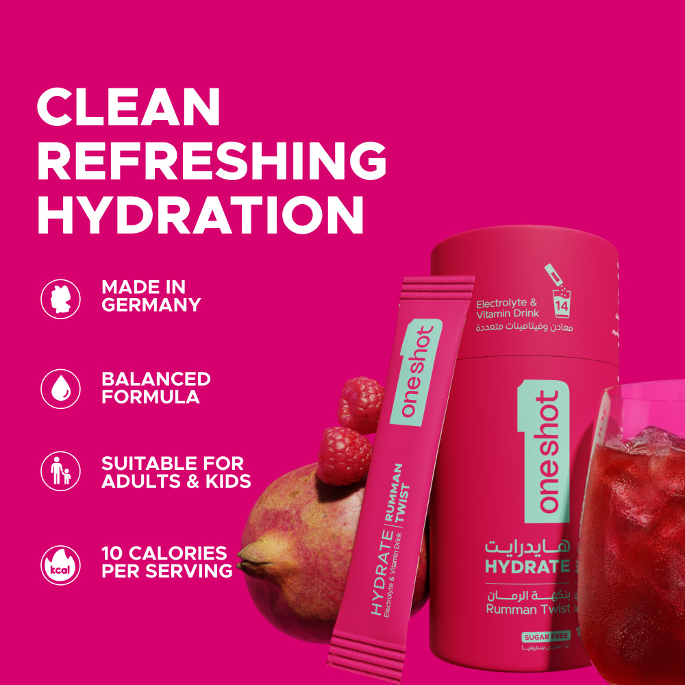 OneShot Hydrate Rumman Twist box back view showing nutrition facts, ingredients and usage instructions